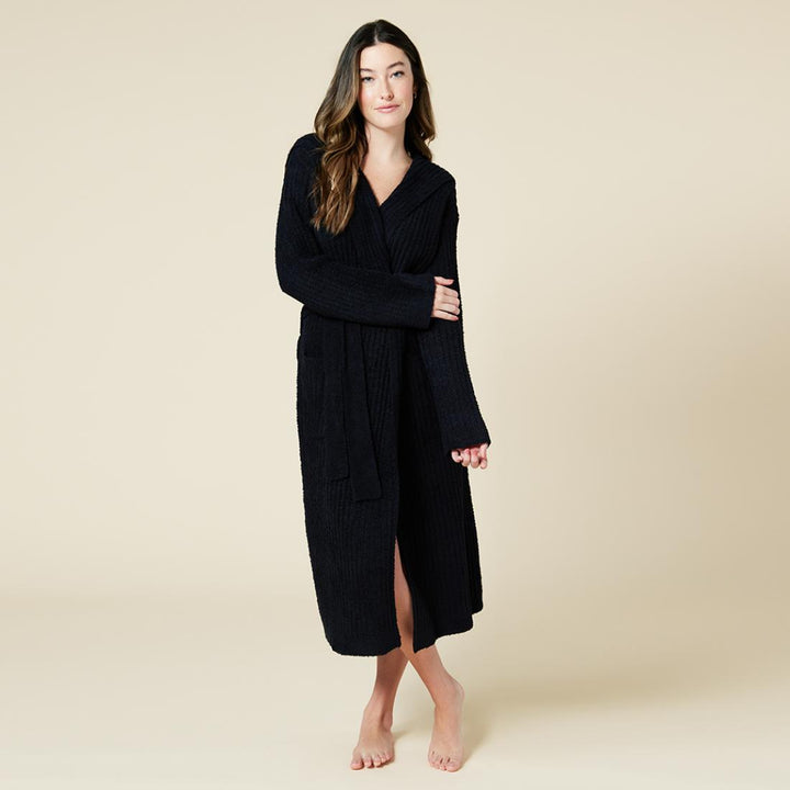 Solid Rib Marshmallow Unisex Hooded Robe - Black