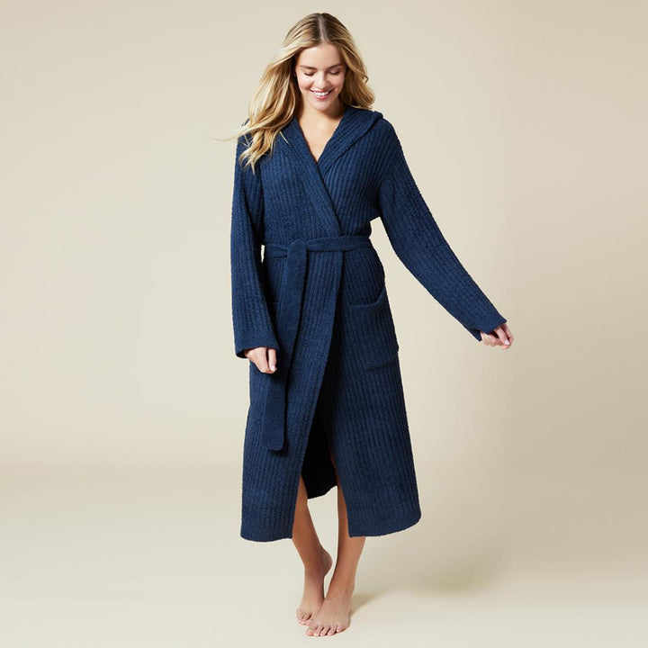 Solid Rib Marshmallow Unisex Hooded Robe - Midnight